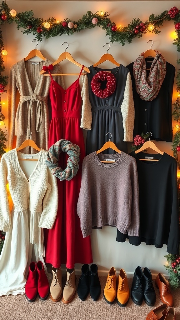Aesthetic Christmas outfits including dresses, sweaters, and accessories on a festive backdrop.